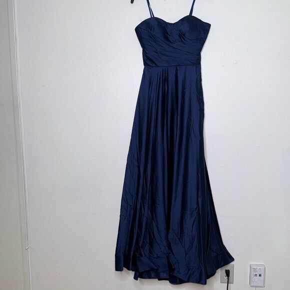 La Femme Womens Size 8 Navy Strapless Slit Satin Ballgown - Picture 2 of 12